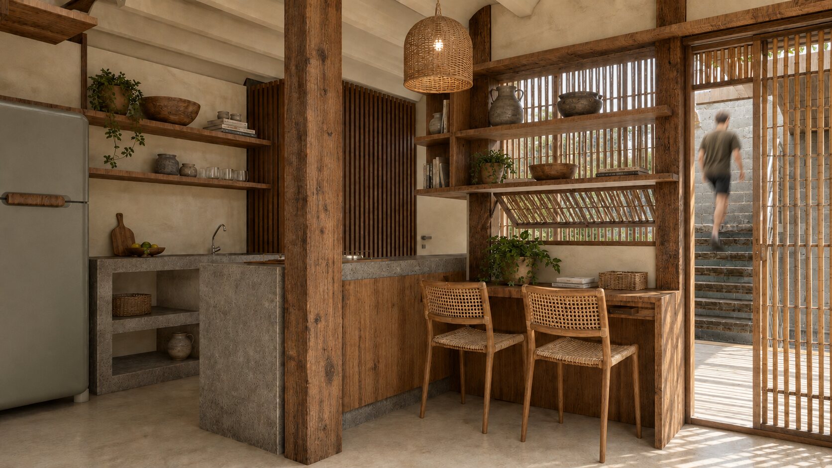 Cozinha da Casa Will com madeira, bambu e abertura para o exterior