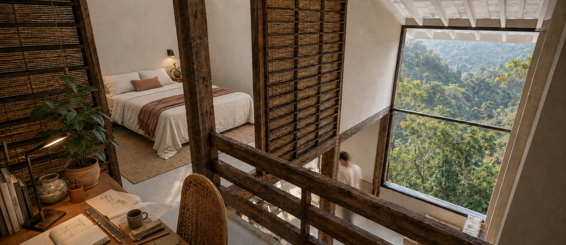 Interiores da Casa Will com estrutura de madeira e vista para a floresta