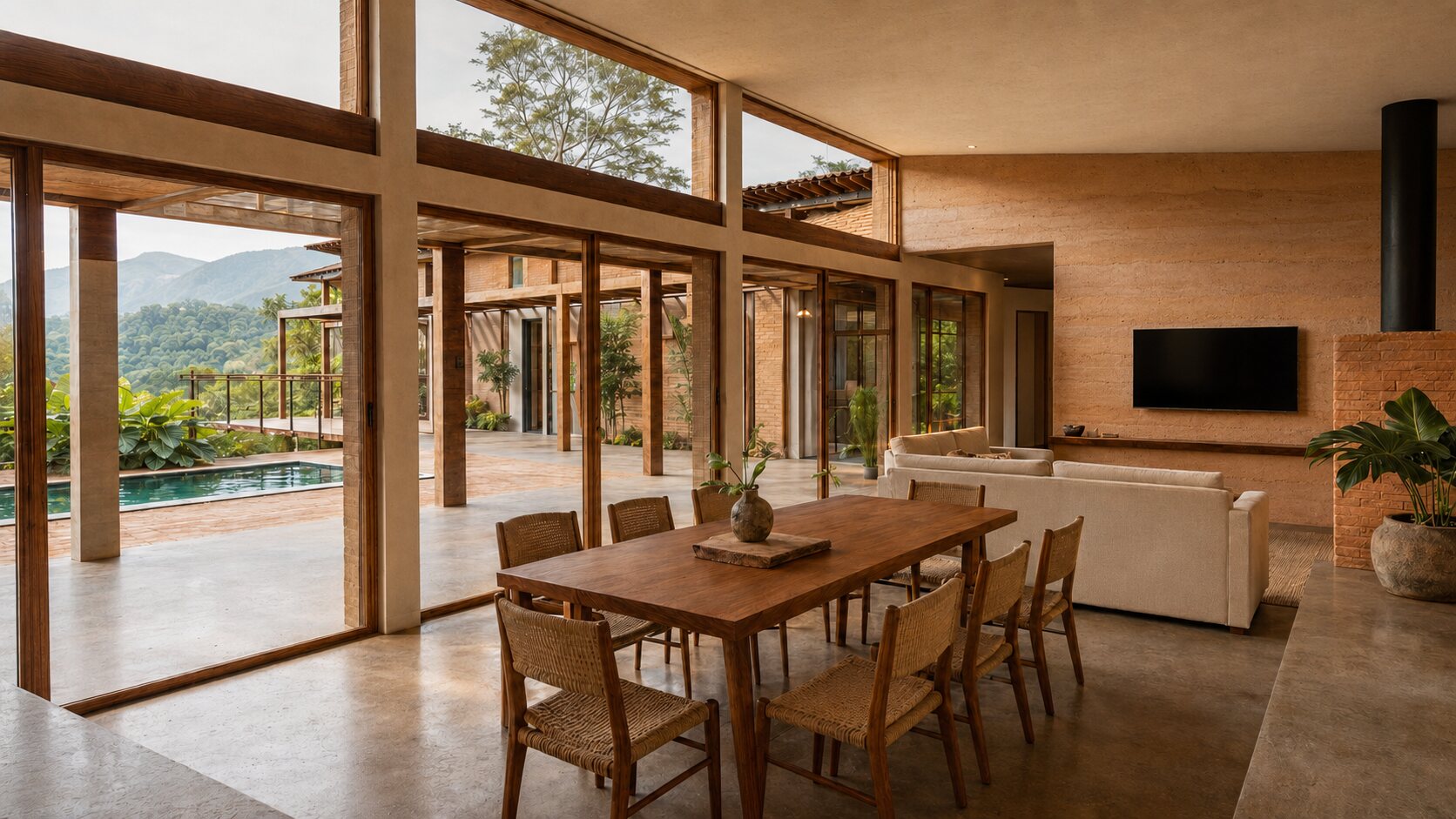 Casa P&B no Parque do Imbuí com madeira, concreto polido e vista para as montanhas de Teresópolis