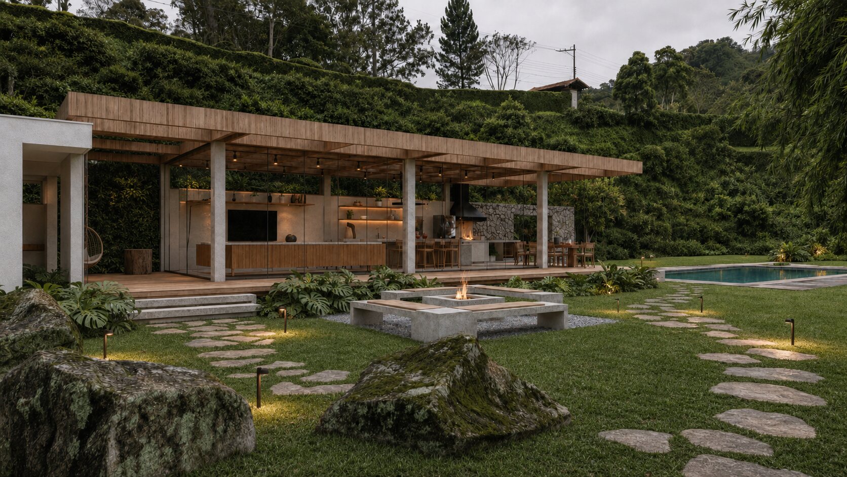 Pavilhão Gourmet da Casa GUIGA integrado ao jardim em Quebra Frascos